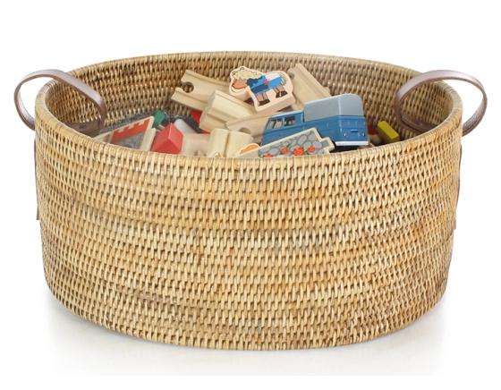 Natural rattan storage basket with leather handles, small model