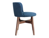 Chaise design bois teinte noyer assise tissu bleu jean