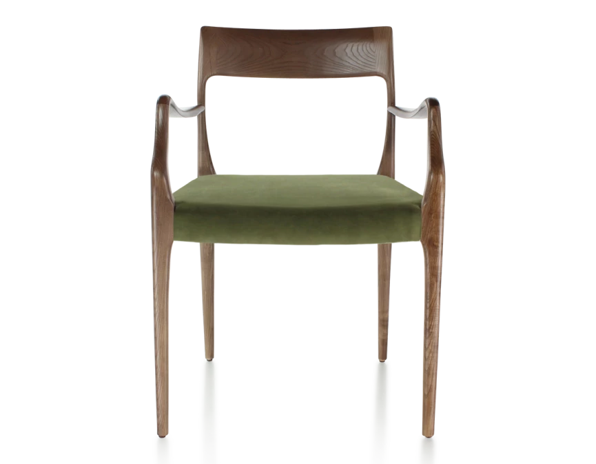 Chaise scandivave avec accoudoirs bois teinte marron foncé assise tissu vert olive