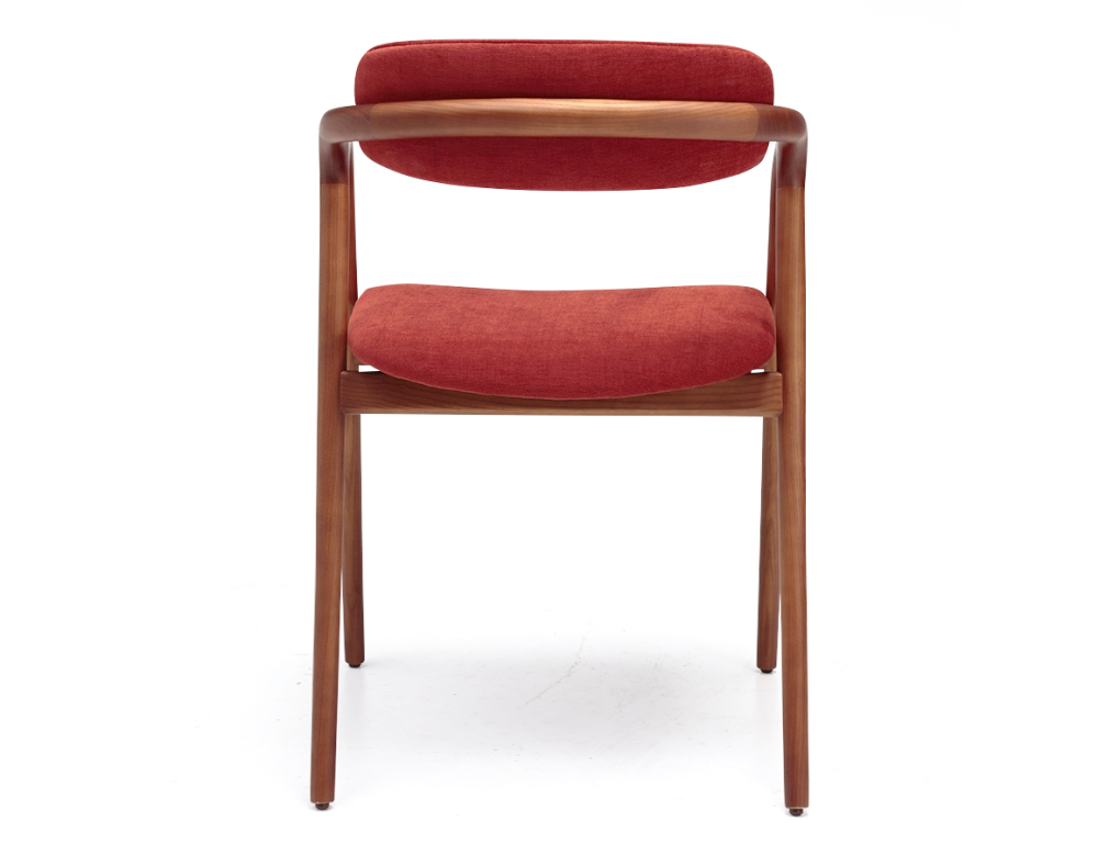 Chaise scandinave bois teinte merisier assise tissu beige orange brulé Chaise scandinave bois teinte merisier assise tissu beige orange brulé
