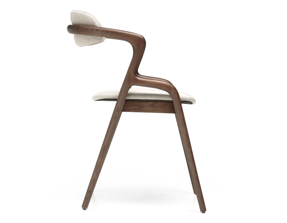 Scandinavian chair dark brown stained wood with a natural beige fabric seat.