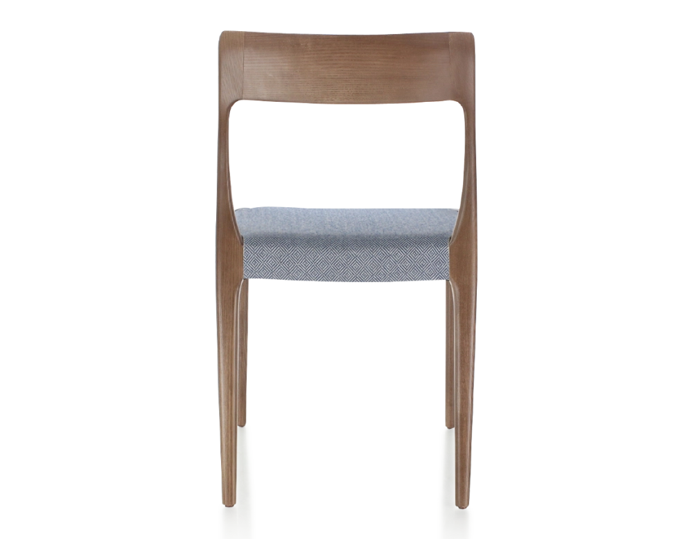 Scandinavian chair dark brown stained wood, blue chevron fabric seat Scandinavian chair dark brown stained wood, blue chevron fabric seat