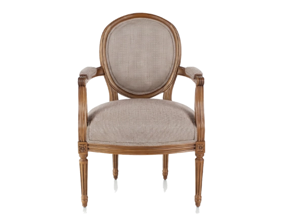 Sillón antiguo estilo Luis XVI bois teinte ancienne et tissu chiné beige, gris et orange