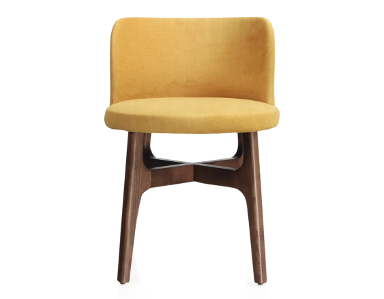 Chaise design bois teinte marron foncé assise tissu jaune