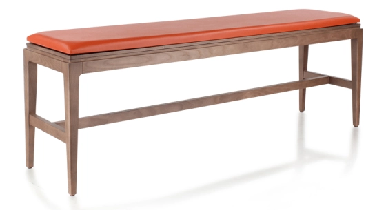 Banc design bois teinte noyer assise cuir coquelicot L140 cm