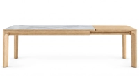 Table extensible 6 à 10/12 personnes en chêne et céramique allonges bois avec bois teinte naturelle et plateau céramique effet marbre blanc 180x100 cm