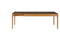Table extensible 8 à 14 personnes en chêne et céramique allonges céramique avec bois teinte merisier et plateau et allonges céramique brun oxydé 210x100 cm