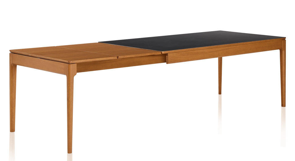 Table extensible 6 à 10 personnes en chêne et céramique allonges bois avec bois teinte merisier et plateau céramique noir unie 160x90 cm Table extensible 6 à 10 personnes en chêne et céramique allonges bois avec bois teinte merisier et plateau céramique noir unie 160x90 cm