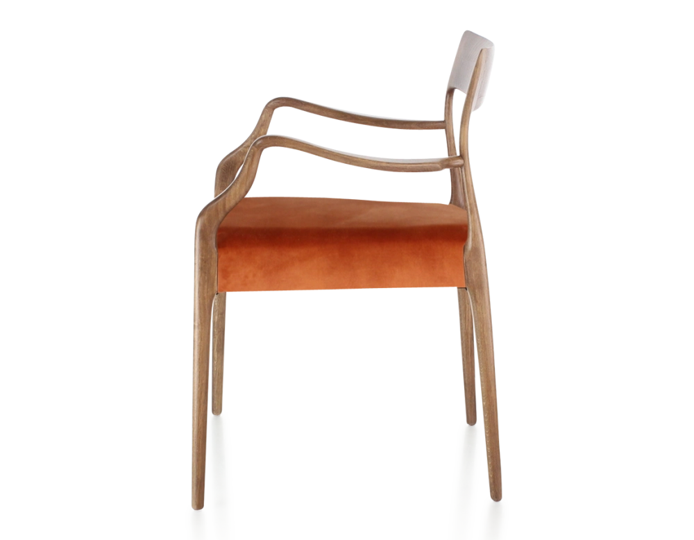 Scandinavian armchair with armrests walnut-stained wood, terracotta velvet seat Scandinavian armchair with armrests walnut-stained wood, terracotta velvet seat