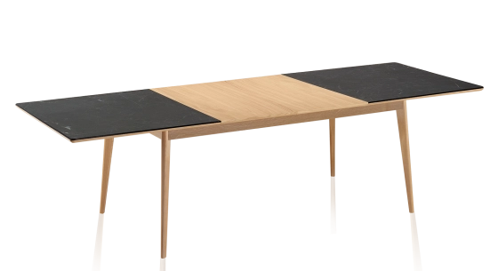 Extendable table for 8 to 12 people in oak and ceramic with wooden extensions with natural stained wood and oxidised brown ceramic top 160x100 cm