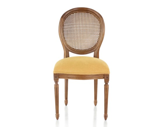 Chaise ancienne style Louis XVI bois teinte ancienne dossier canné assise tissu jaune