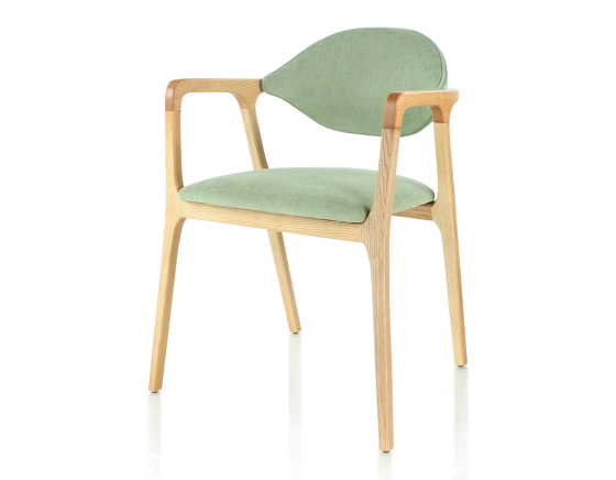Designer chair with armrests natural wood stain and green fabric