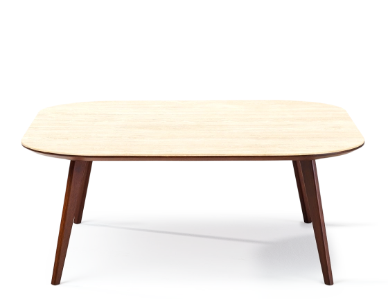 Square coffee table with rounded corners F2 in oak and ceramic dark brown stained wood with ceramic top in travertine stone effect. 90x90x30 cm