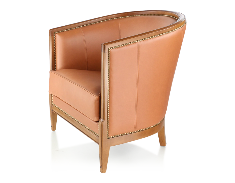 Fauteuil ancien accoudoirs moulurés bois teinte ancienne et cuir caramel Fauteuil ancien accoudoirs moulurés bois teinte ancienne et cuir caramel
