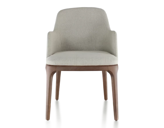 Chaise design avec accoudoirs bois teinte marron foncé et tissu beige naturel
