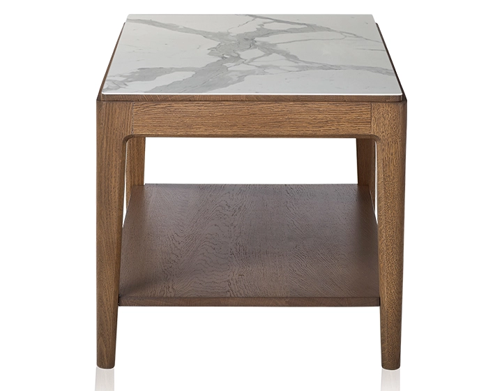 Rectangular coffee table in oak and ceramic with shelf in walnut-stained wood, white marble-effect ceramic top 100x50 cm Rectangular coffee table in oak and ceramic with shelf in walnut-stained wood, white marble-effect ceramic top 100x50 cm