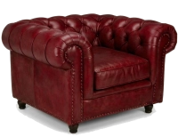 Fauteuil Chesterfield cuir rouge carmin accoudoirs cloutés