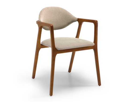 Designer armchair cherry wood stain and taupe fabric