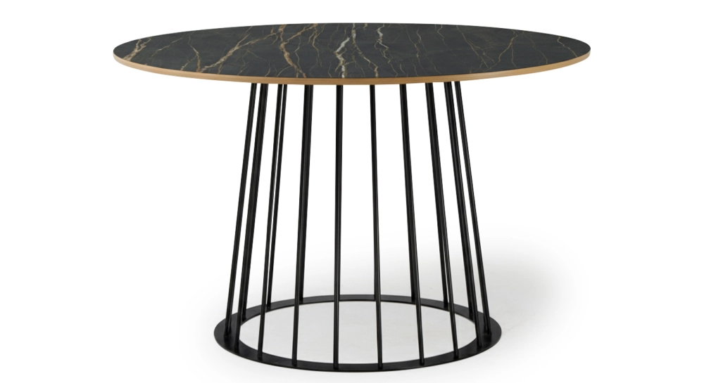 Table salle à manger ronde en chêne et céramique pied métal noir et plateau céramique effet marbre noir 120x120