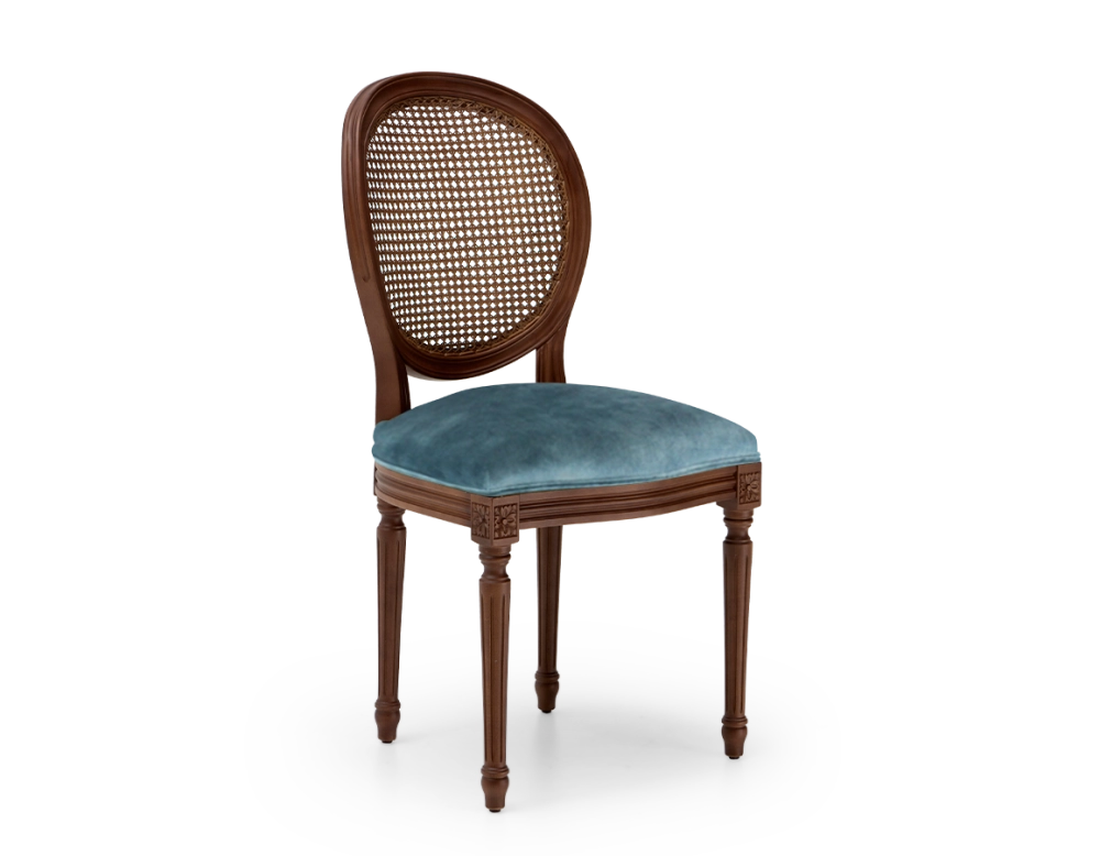 Louis XVI style antique chair dark brown stained wood with cane backrest and petrol blue velvet seat. Louis XVI style antique chair dark brown stained wood with cane backrest and petrol blue velvet seat.