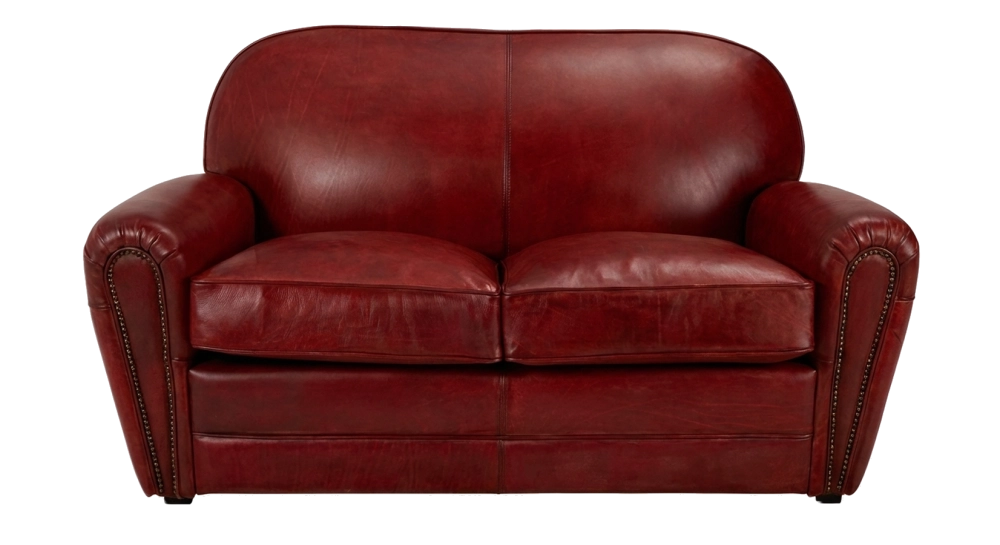 2 seater leather club sofa burgundi studded armrests
