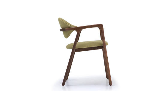 Walnut Designer armchair natural wood finish and green fabric