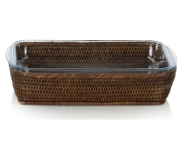 Rectangular Pyrex dish with brown rattan stand Rectangular Pyrex dish with brown rattan stand