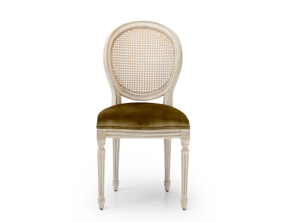 Chaise ancienne style Louis XVI bois teinte blanche cérusée dossier canné assise tissu velours vert olive