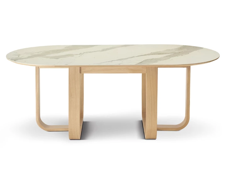 Table salle à manger en chêne et céramique avec bois teinte naturelle et plateau céramique effet marbre blanc 210x100 cm