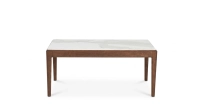 Round coffee table in oak and ceramic dark brown stained wood with a white marble-effect ceramic tabletop. 100x100 cm