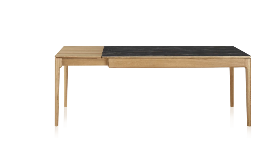 Table extensible en chêne naturel et céramique effet marbre noir 140x100 cm allonges chêne