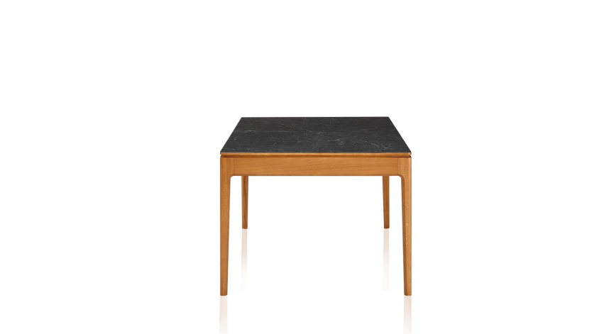 Table extensible en chêne et céramique allonges bois avec bois teinte merisier et plateau céramique effet ardoise 140x100 cm