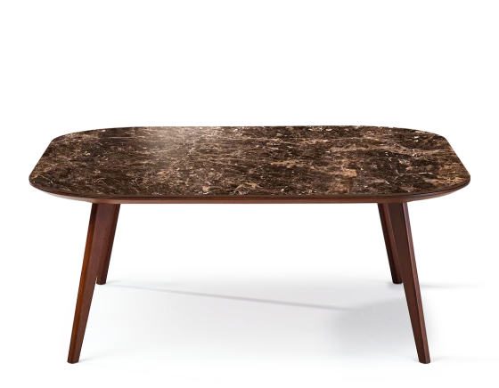 Table basse carré aux angles arrondis F2 plateau céramique bois teinte marron foncé plateau céramique effet marbre brun 110x110x30 cm