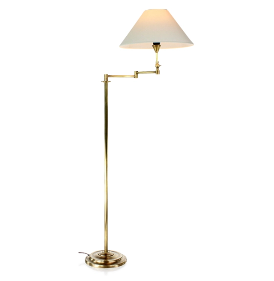 Gold articulated living room floor lamp with ivory lampshade