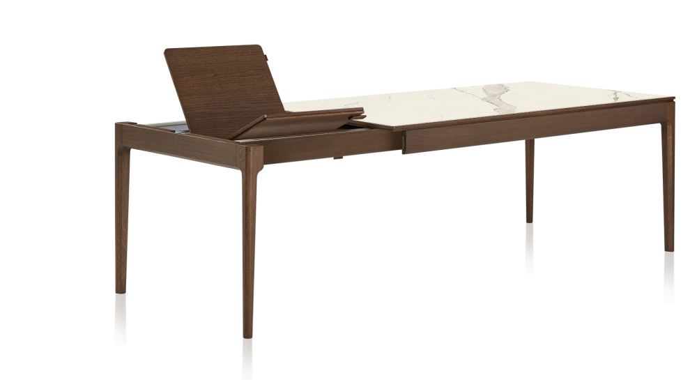 Table extensible 8 à 12 personnes en chêne et céramique allonges bois avec bois teinte marron foncé et plateau céramique effet marbre blanc 180x100 cm Table extensible 8 à 12 personnes en chêne et céramique allonges bois avec bois teinte marron foncé et plateau céramique effet marbre blanc 180x100 cm