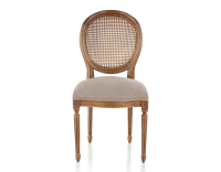 Antique Louis XVI style chair wood stained antique caned back taupe fabric seat Antique Louis XVI style chair wood stained antique caned back taupe fabric seat