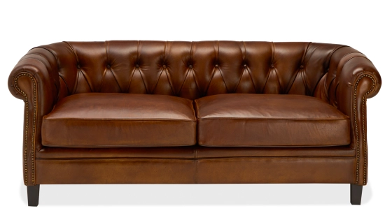 Canapé Chesterfield cuir 2 places marron vintage accoudoirs cloutés
