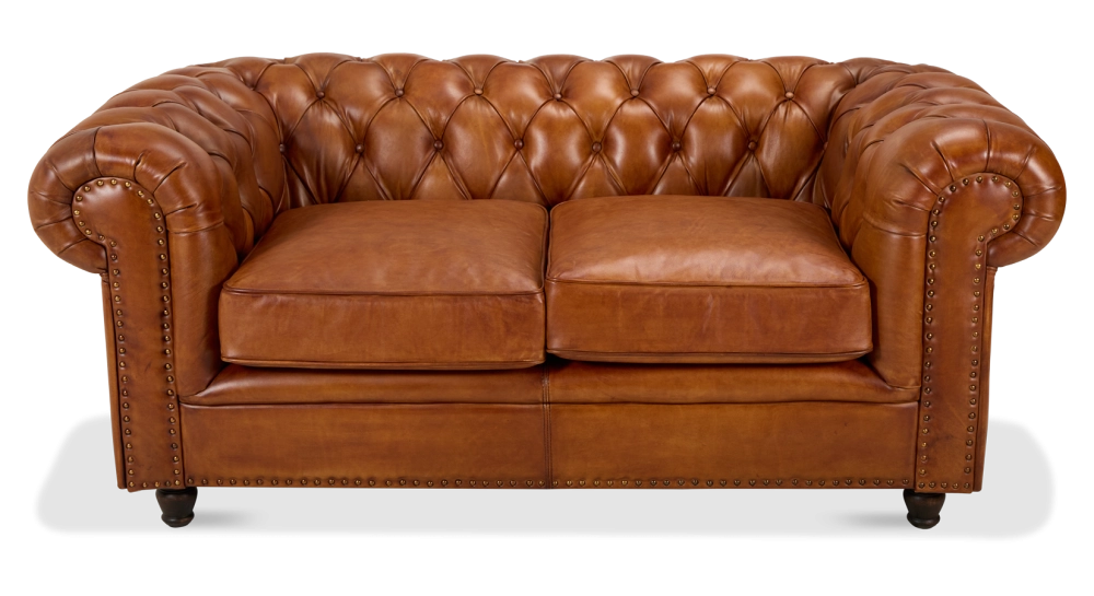 Canapé Chesterfield cuir 2 places marron clair accoudoirs cloutés Canapé Chesterfield cuir 2 places marron clair accoudoirs cloutés