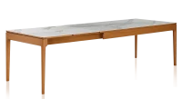 Table extensible en chêne et céramique 6 à 10 personnes allonges céramique avec bois teinte merisier et plateau et allonges céramique effet marbre blanc 140x90 cm