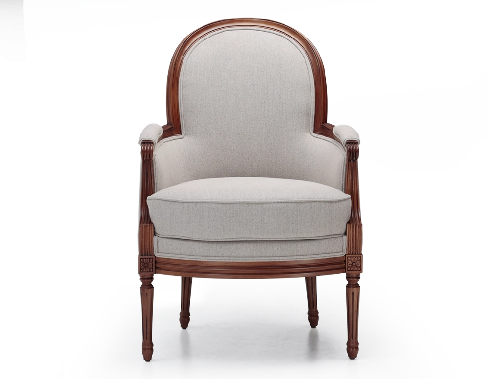 Louis XVI style moulded bergère armchair wood antique stain and natural beige fabric Louis XVI style moulded bergère armchair wood antique stain and natural beige fabric