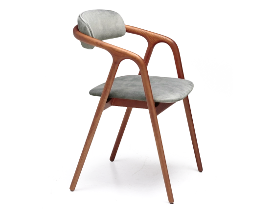 Scandinavian chair cherry wood stain, seat in grey-blue velvet fabric.