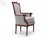 Fauteuil bergère style Louis XVI bois teinte ancienne et tissu pied de poule blanc et taupe Fauteuil bergère style Louis XVI bois teinte ancienne et tissu pied de poule blanc et taupe