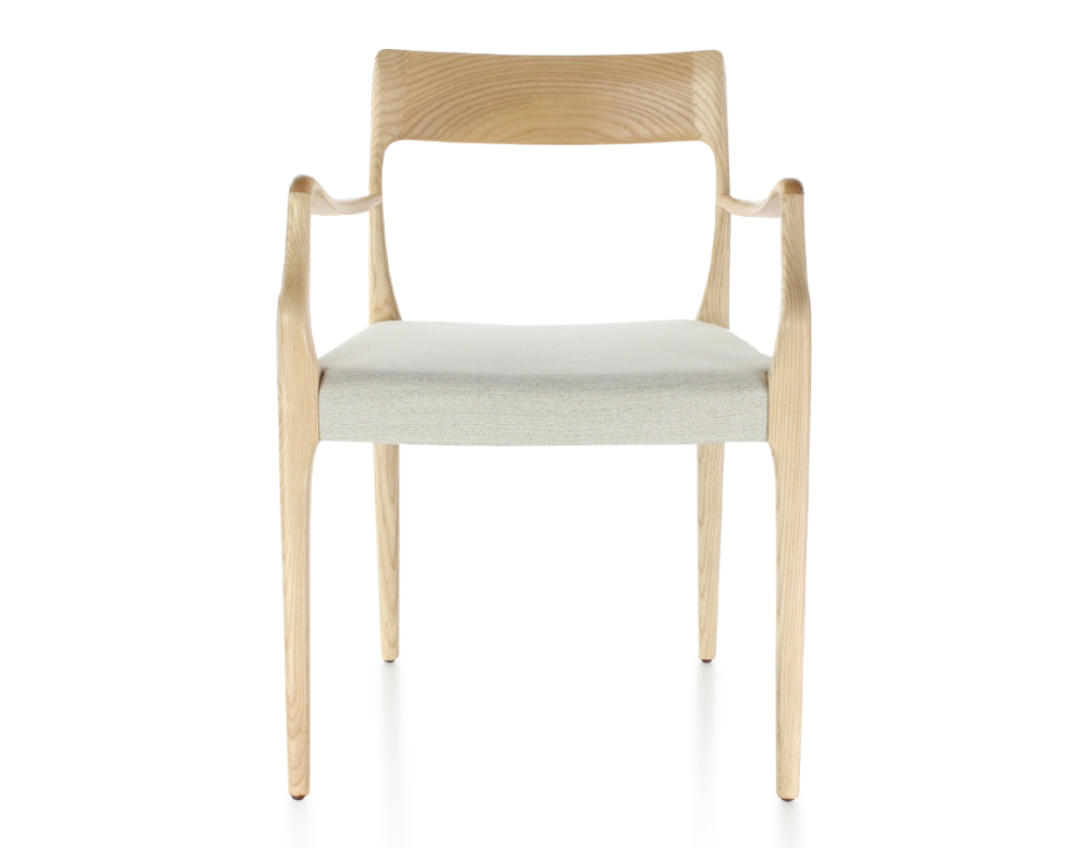Scandinavian armchair with armrests natural stained wood seat natural beige fabric Scandinavian armchair with armrests natural stained wood seat natural beige fabric