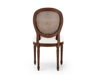 Louis XVI style antique chair dark brown stained wood with cane backrest and white bouclé fabric seat. Louis XVI style antique chair dark brown stained wood with cane backrest and white bouclé fabric seat.