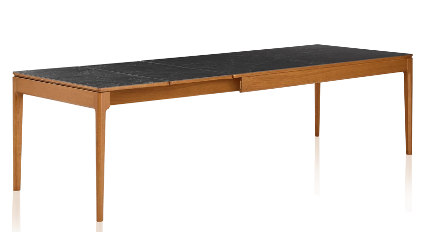 Table extensible en chêne teinte merisier et céramique effet ardoise allonges céramique 140x100 cm