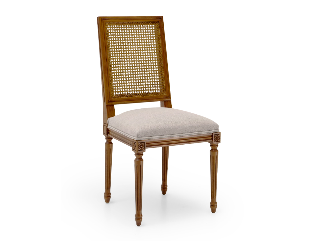 Chaise ancienne style Louis XVI dossier canné assise tissu gris clair Chaise ancienne style Louis XVI dossier canné assise tissu gris clair
