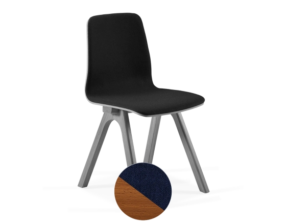 Upholstered oak designer chair cherry-stained wood, navy blue fabric seat