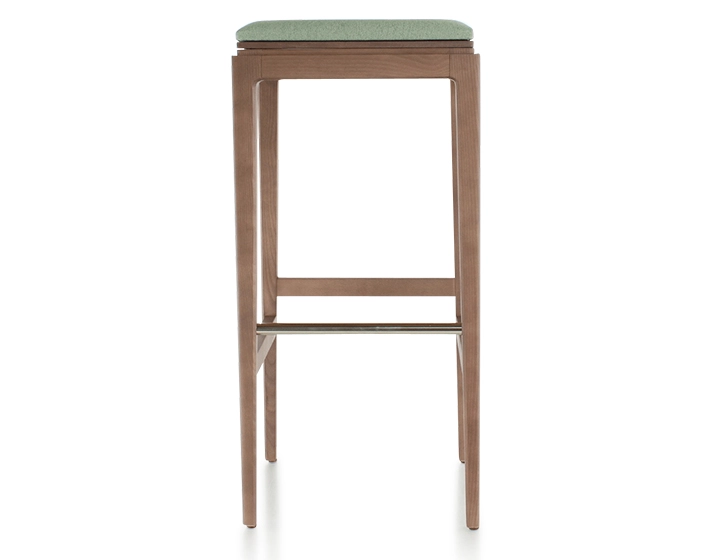 H80 cm designer bar stool walnut-stained wood, sage green fabric seat H80 cm designer bar stool walnut-stained wood, sage green fabric seat