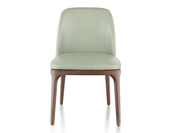 Chaise design bois teinte marron foncé et cuir vert sauge