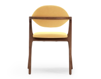 Designer armchair dark brown stained wood and yellow fabric Designer armchair dark brown stained wood and yellow fabric